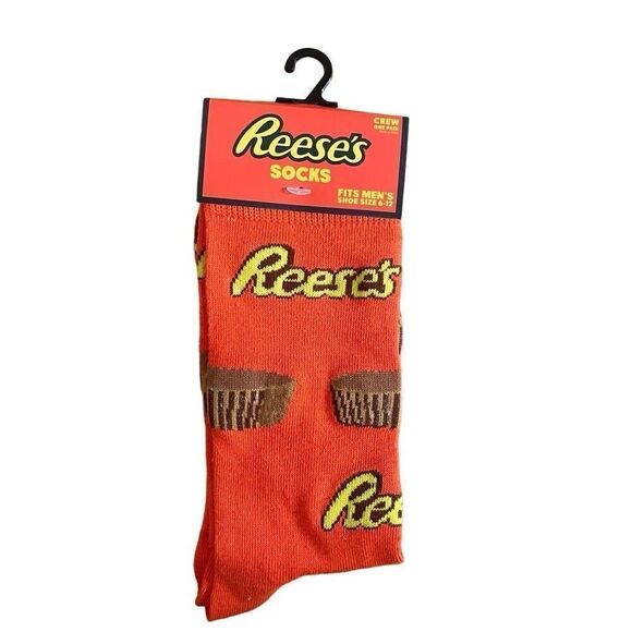 Reese’s Candy Men’s Orange Brown Fun Print Novelty Crew Socks Shoe Size 6-12 - Picture 1 of 7